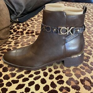 Calvin Klein Dark Brown Leather Ankle Boot with Logo Strap